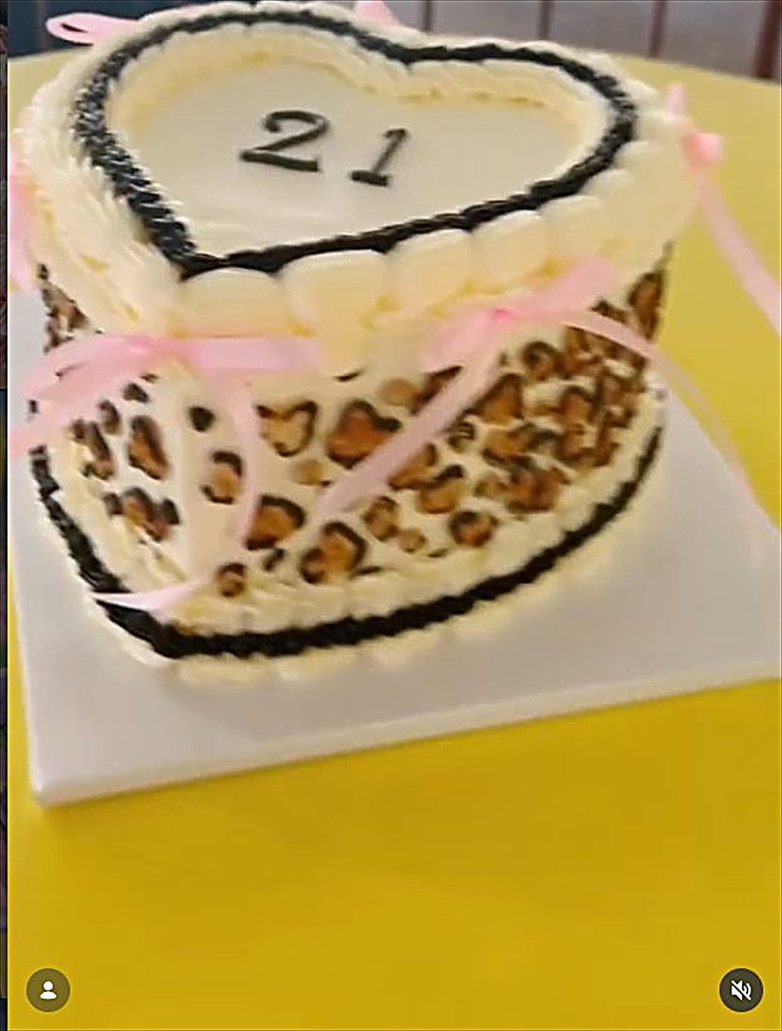 Heart cake with leopard print and pink ribbon for a 21st birthday