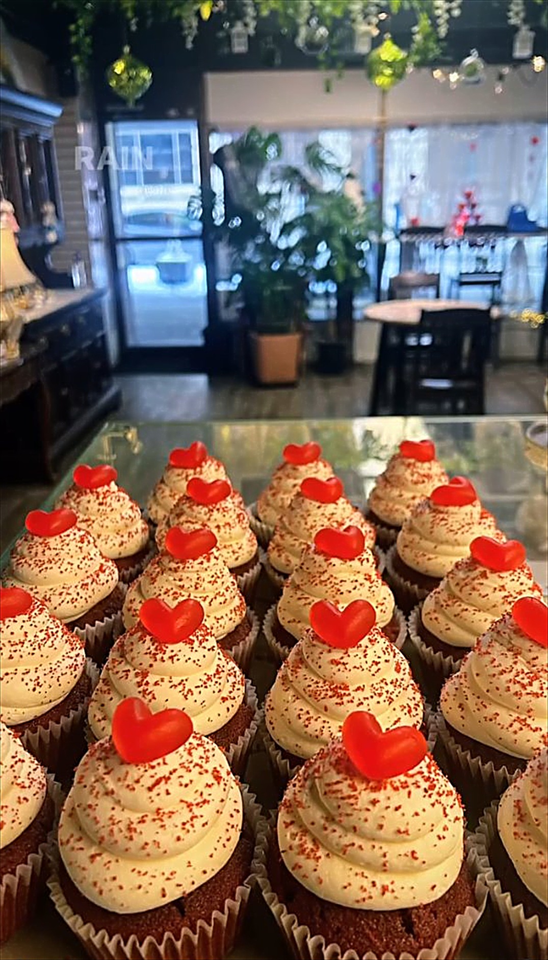 Red velvet cupcakes with little red hearts